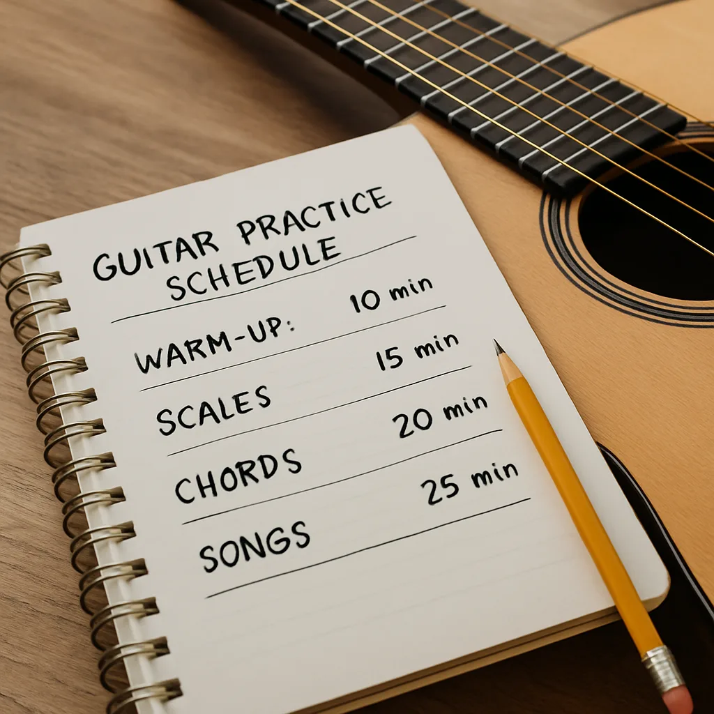 Guitar practice schedule in notebook