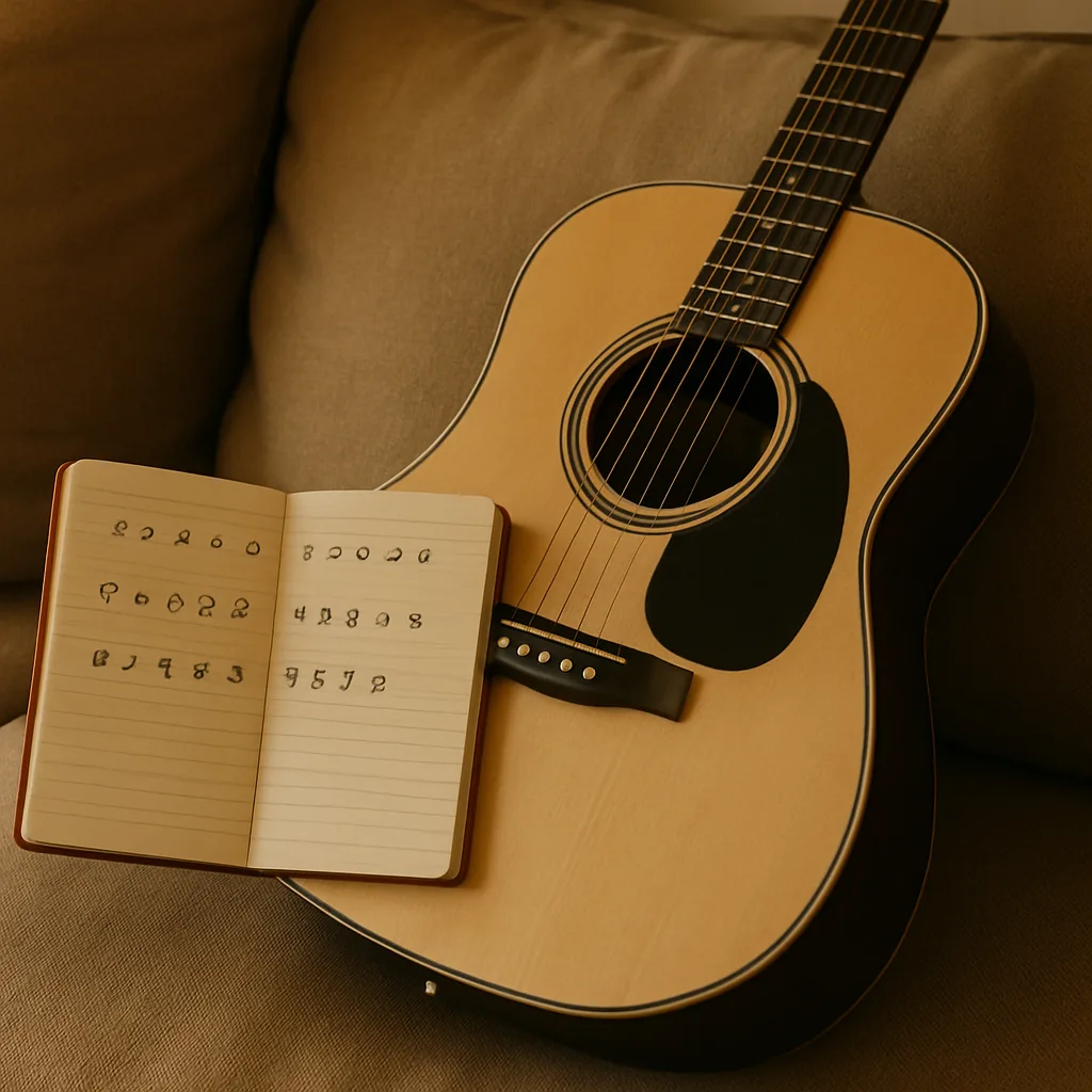 Guitar tabs in a notebook beside an acoustic guitar