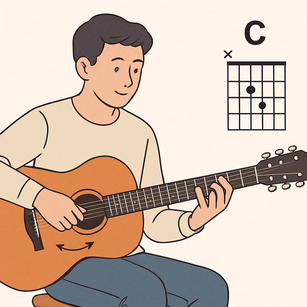Guitar strumming practice with chord chart