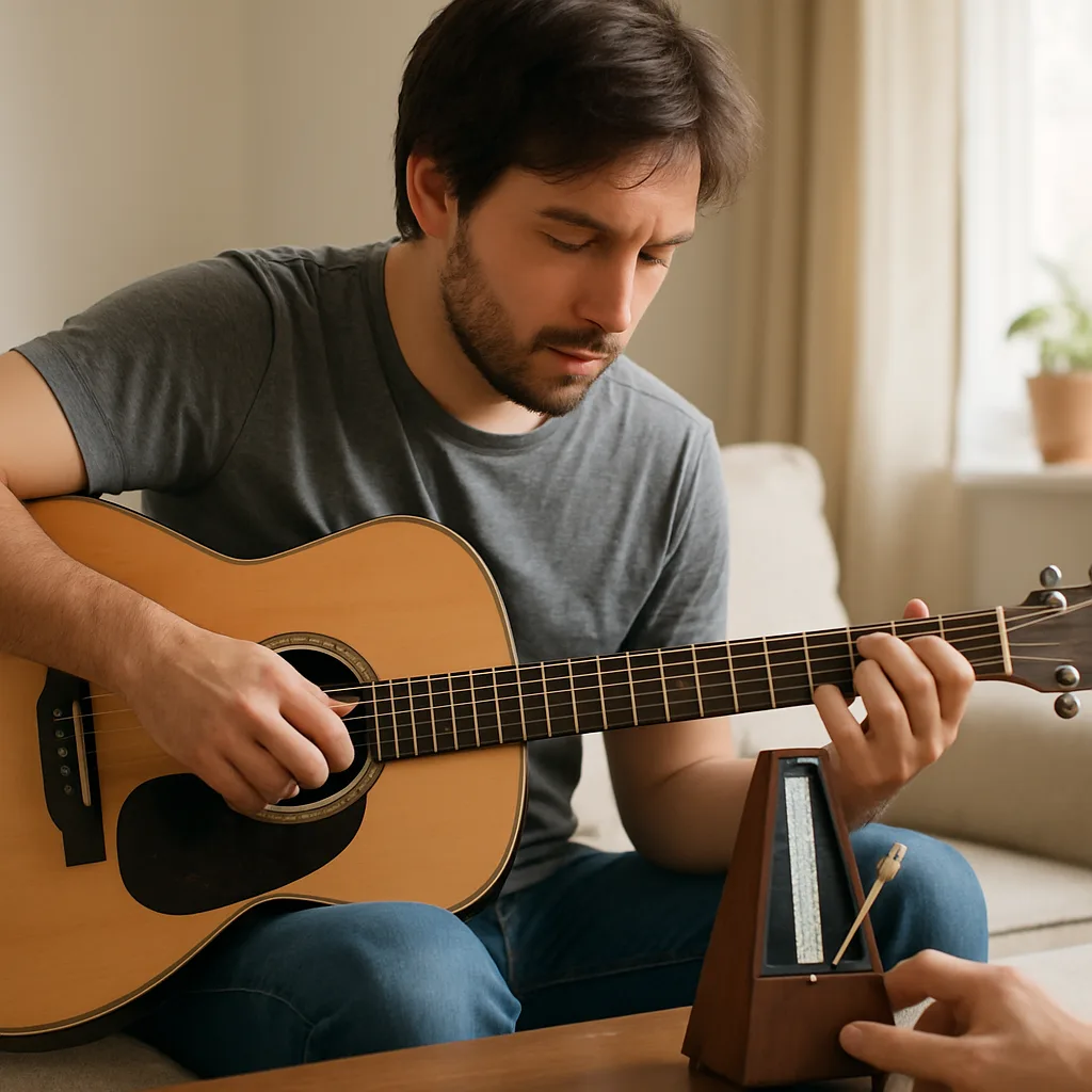 Guitarist practicing chord transitions with metronome