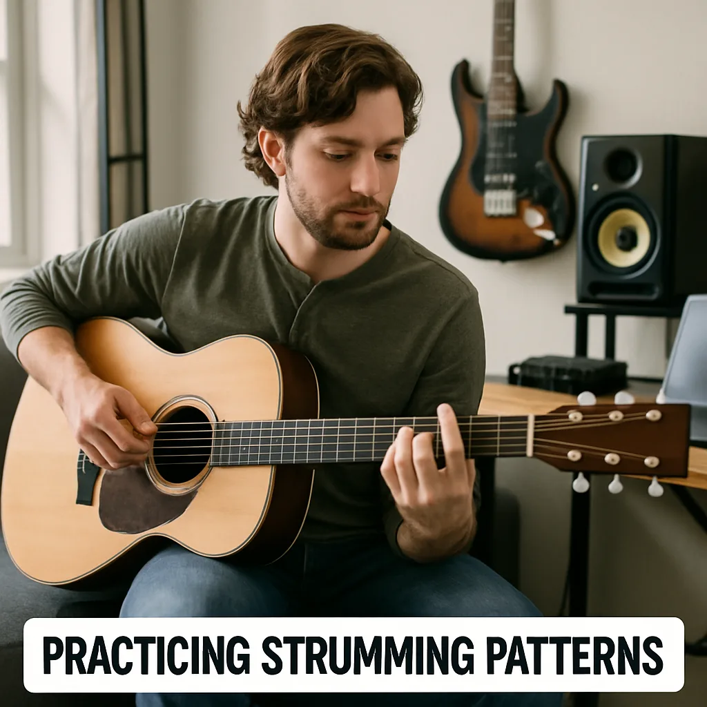 Guitarist practicing strumming patterns on acoustic guitar